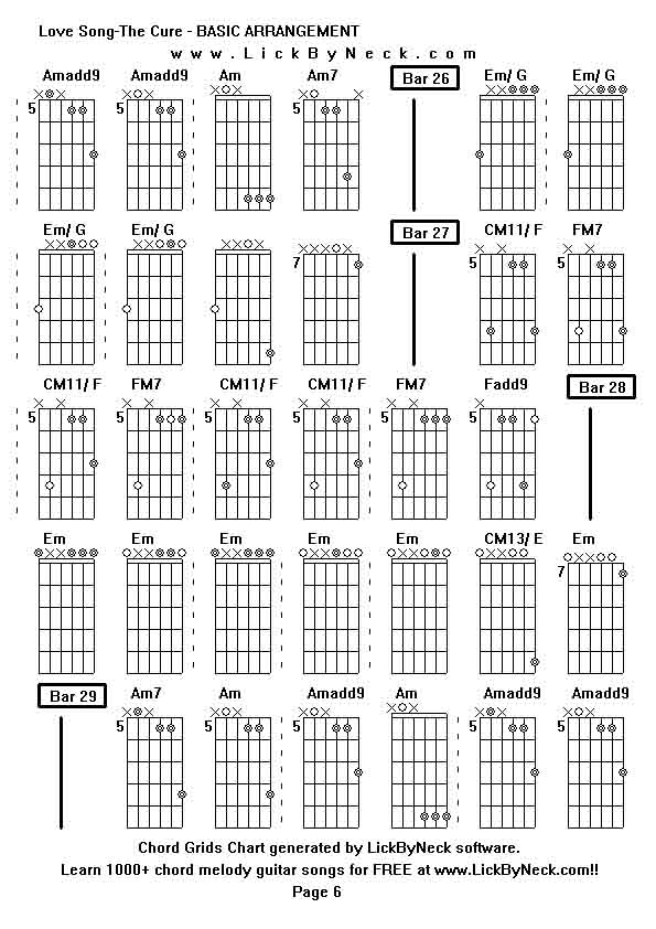 Chord Grids Chart of chord melody fingerstyle guitar song-Love Song-The Cure - BASIC ARRANGEMENT,generated by LickByNeck software.